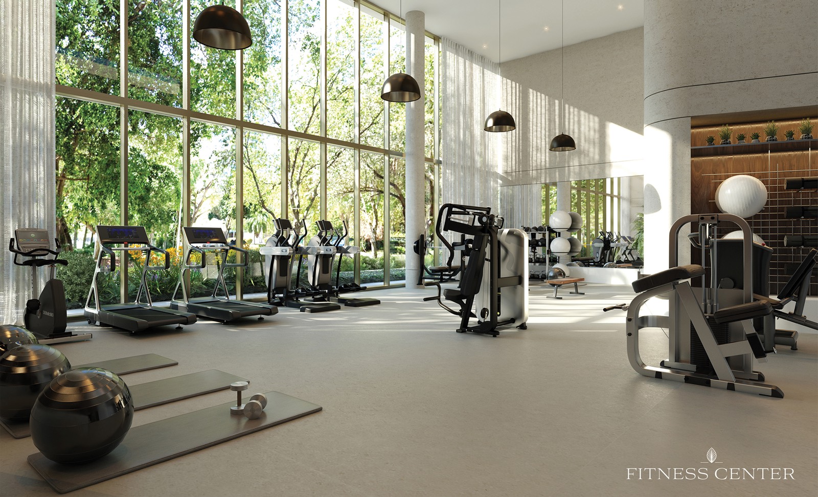Renderização da academia do 2200 Brickell projetada pela Homage Fitness