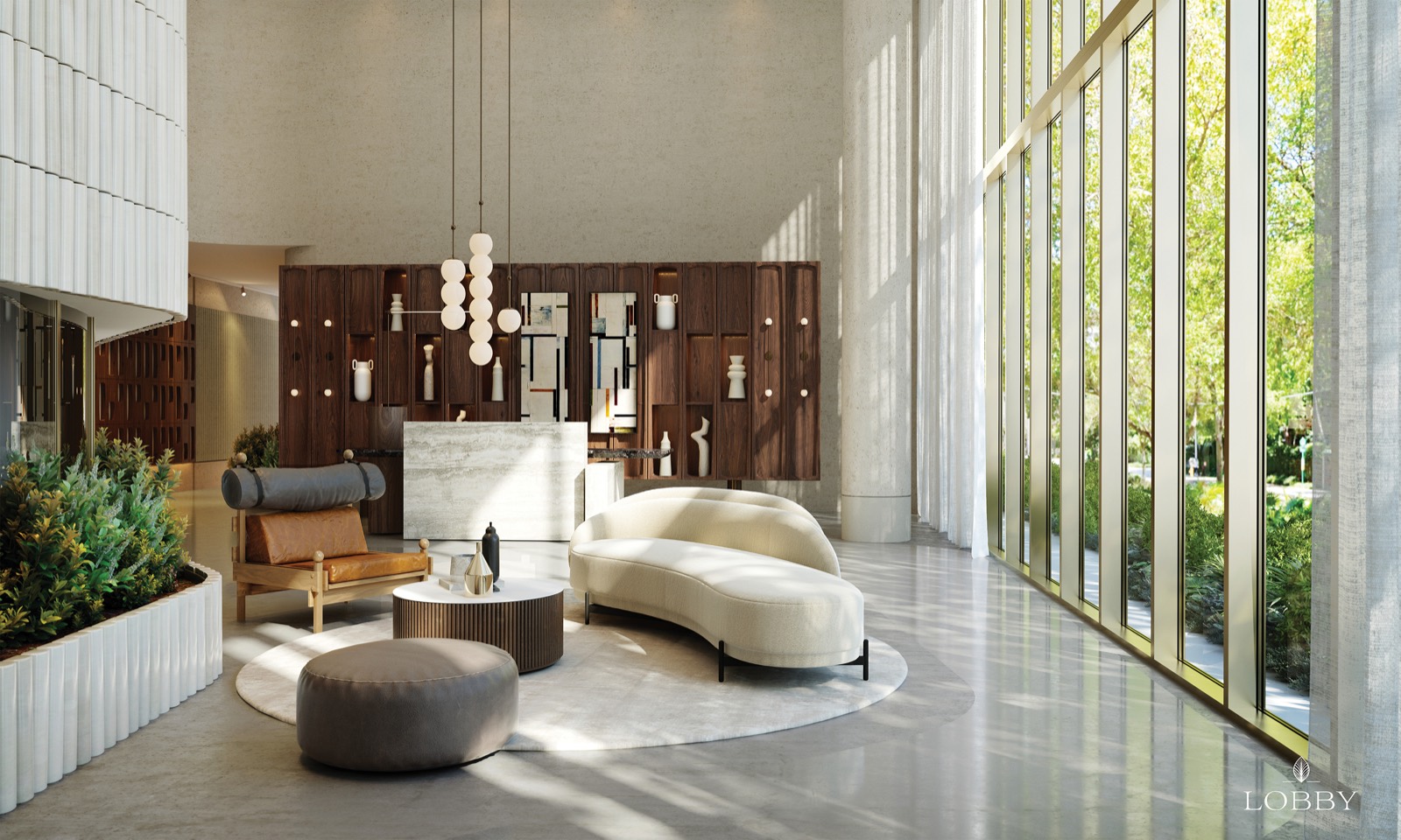 Renderização do lobby de pé-direito duplo com atendimento 24 horas do 2200 Brickell