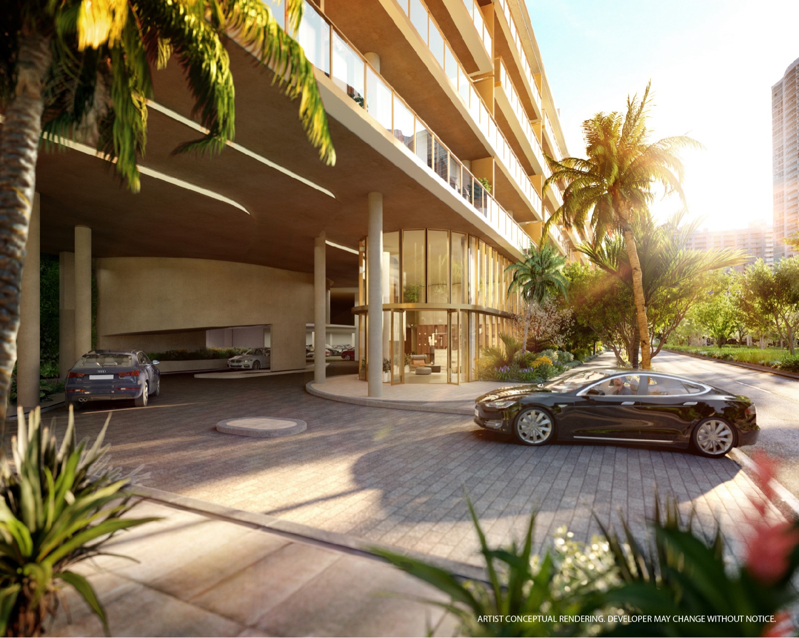 Renderização do porte-cochère do 2200 Brickell com estacionamento com manobrista