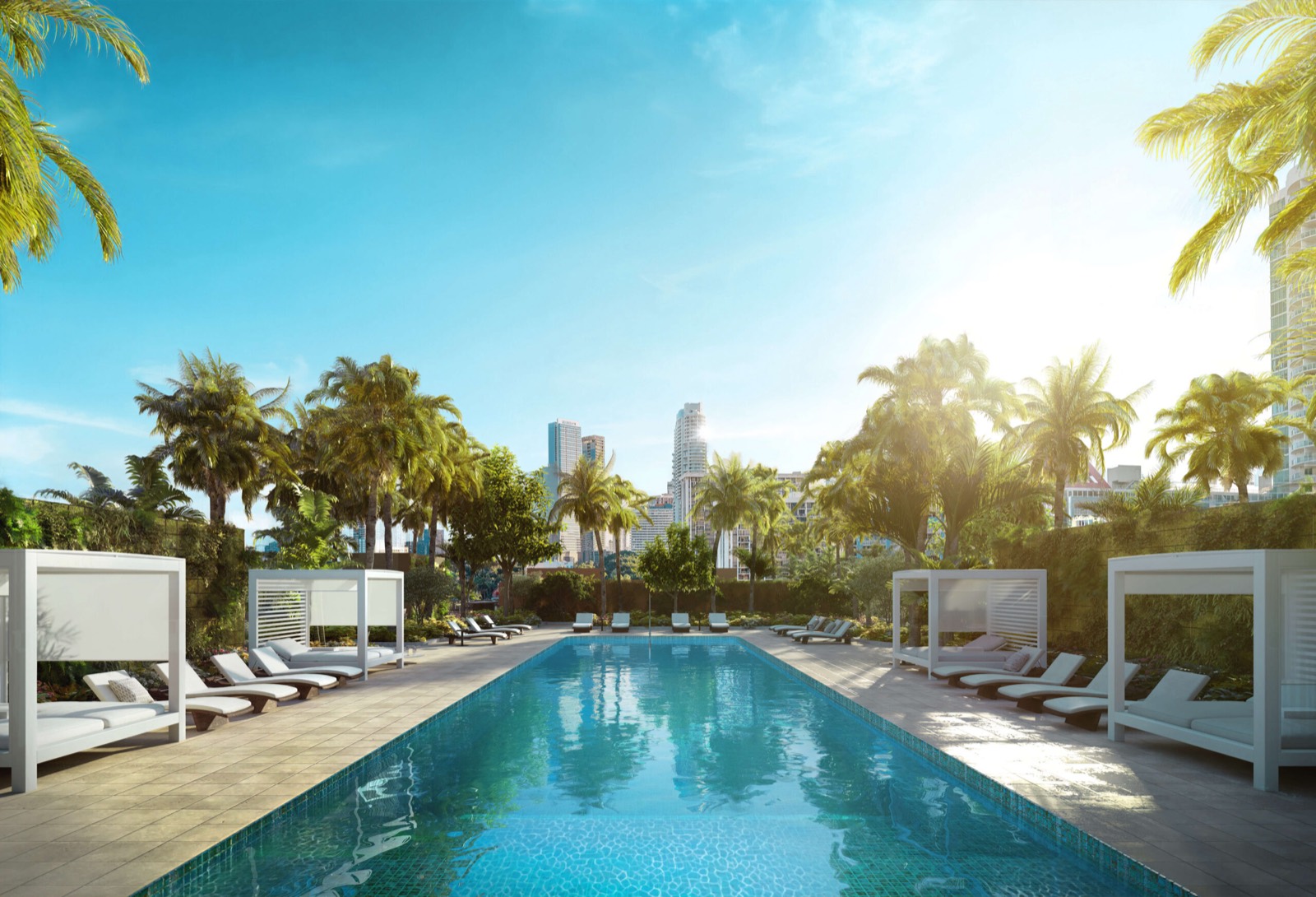 Renderização do deck de um acre do 2200 Brickell com piscina estilo resort e spa