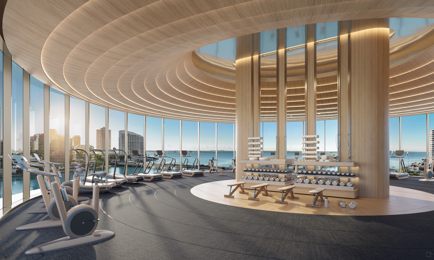 Render del gimnasio de 619 Brickell dentro del programa de bienestar y longevidad Nobu