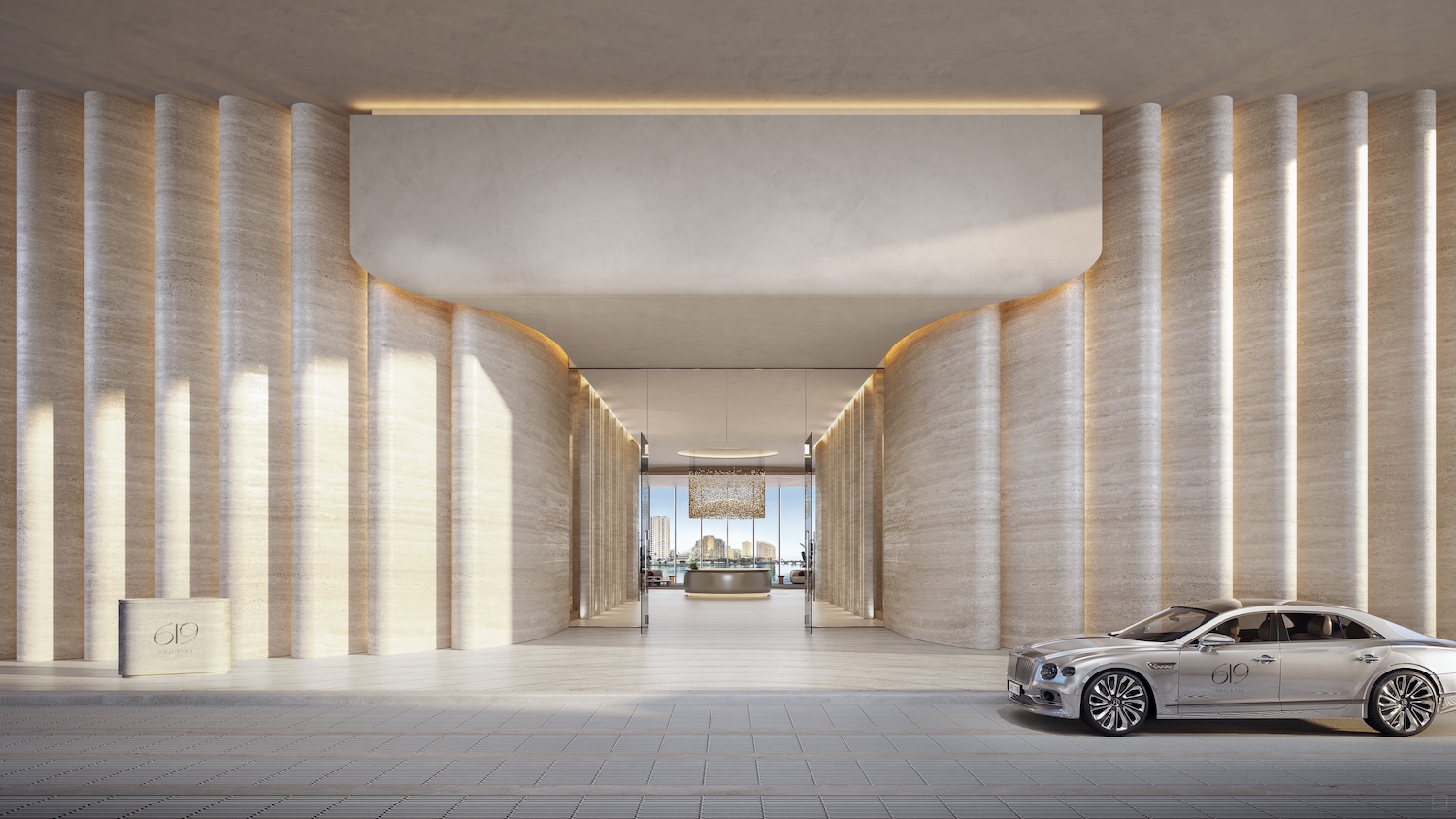 Render de la llegada y entrada de 619 Brickell Nobu Residences sobre Brickell Avenue