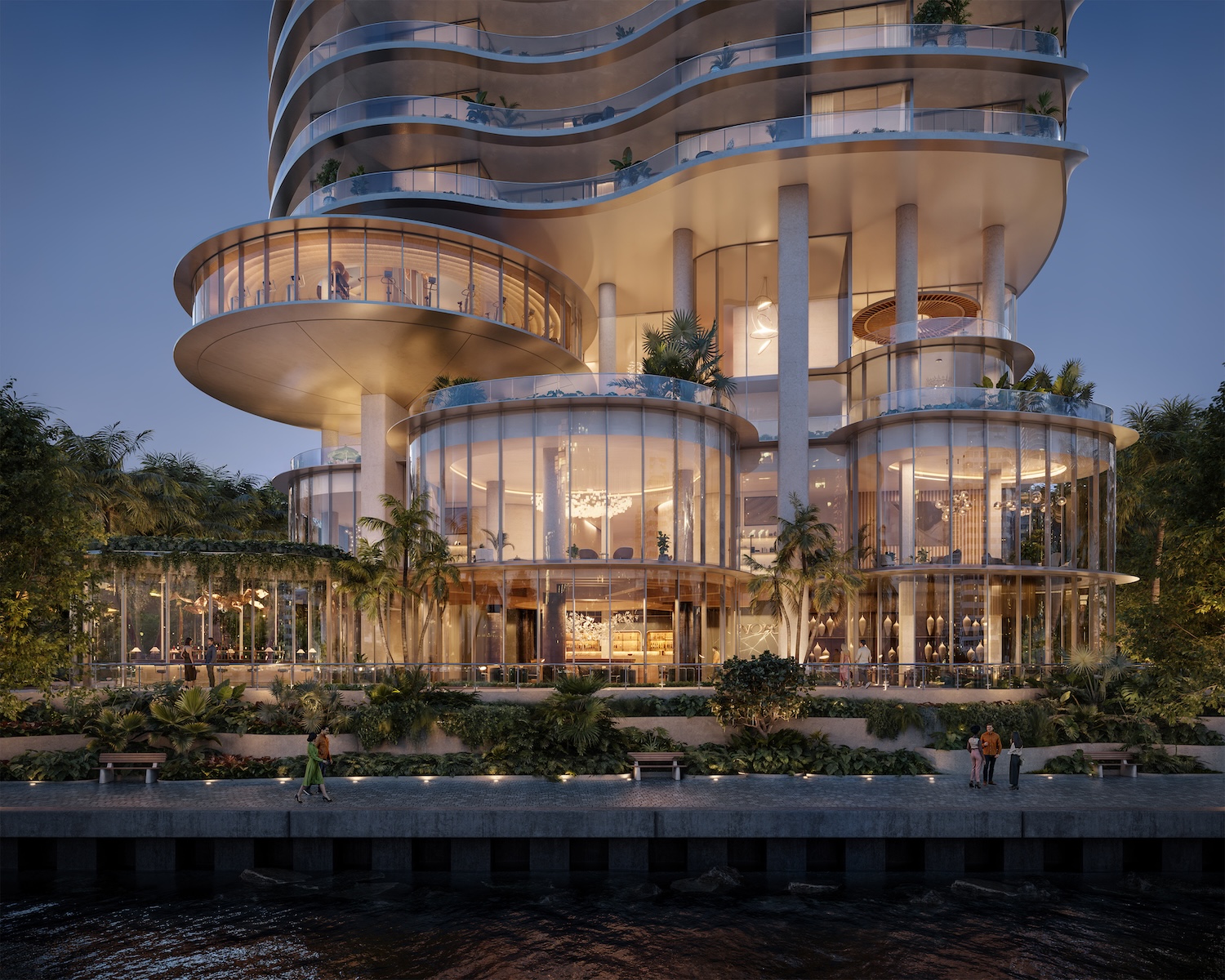 Render oficial de 619 Brickell, Nobu Residences, torre de 75 pisos frente a la bahia en 619 Brickell Avenue junto a Biscayne Bay