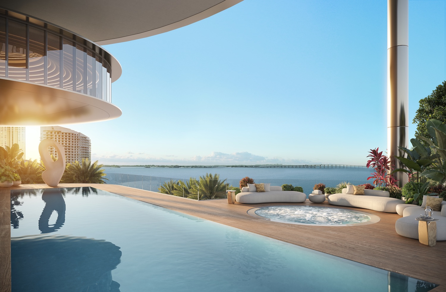 Render de la piscina de 619 Brickell, una de cuatro áreas de piscina en el programa de amenidades de 90,000 pies cuadrados