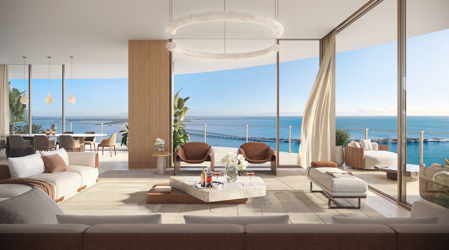 Render de la sala de una residencia de 619 Brickell con ventanas de piso a techo y vistas a Biscayne Bay