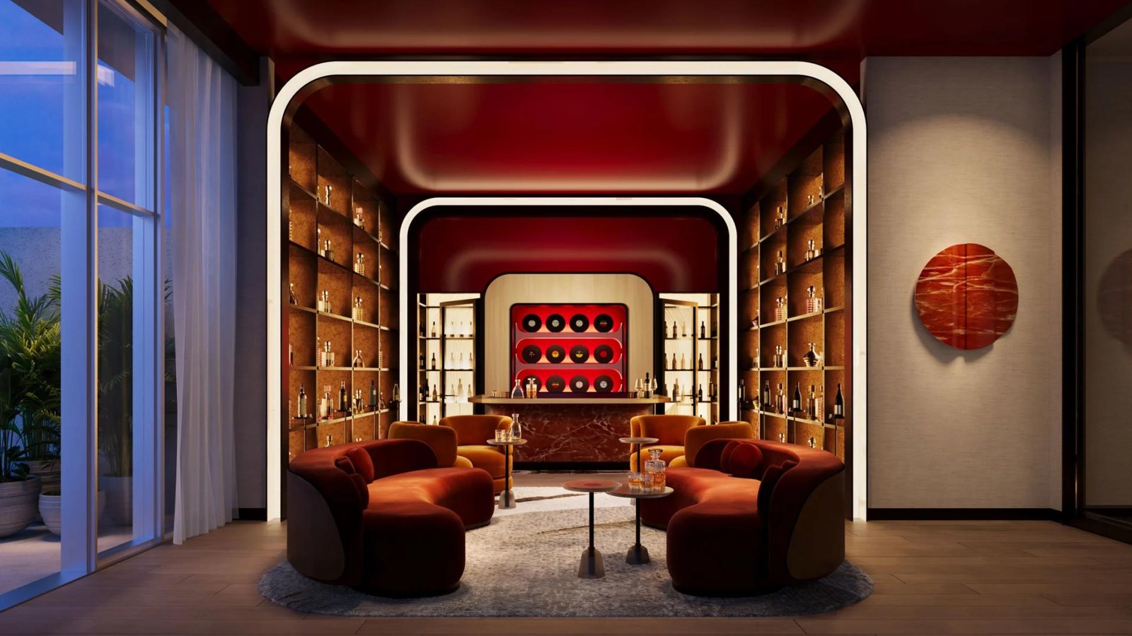 72 Carlyle Miami Beach Aperitivo Lounge rendering with wine cellar shelving, chef's table and velvet seating