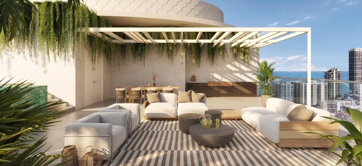 72 Carlyle Miami Beach 72C Grove outdoor living room rendering with a shaded trellis and Lissoni-selected furniture