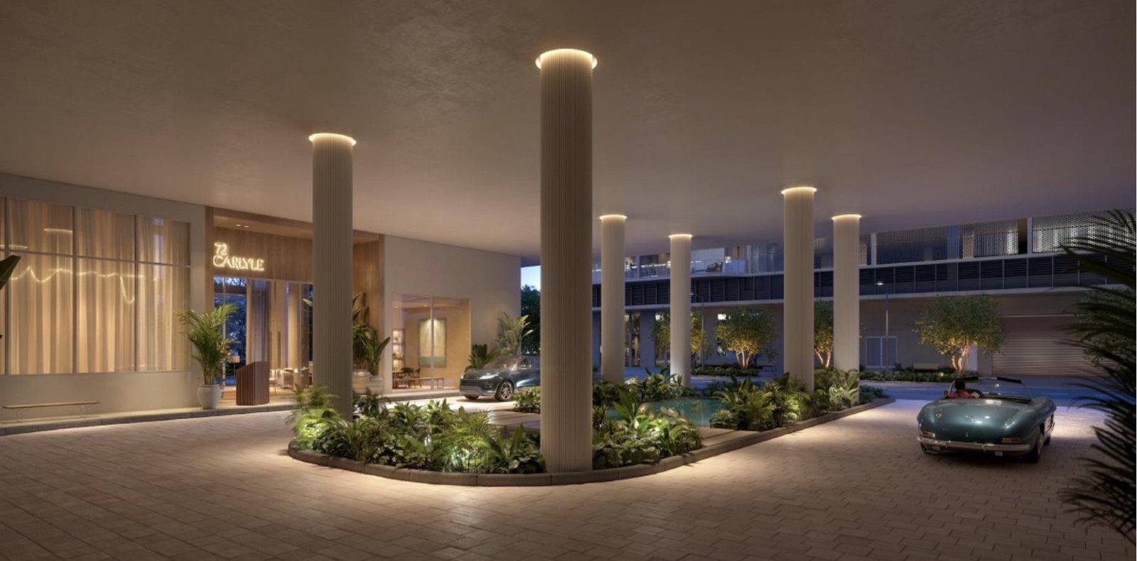 72 Carlyle Miami Beach porte cochere rendering with custom tile work and illuminated landscaping at the private residential driveway