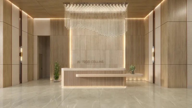 Render del lobby en planta baja de 7200 Collins, con asientos y recepción