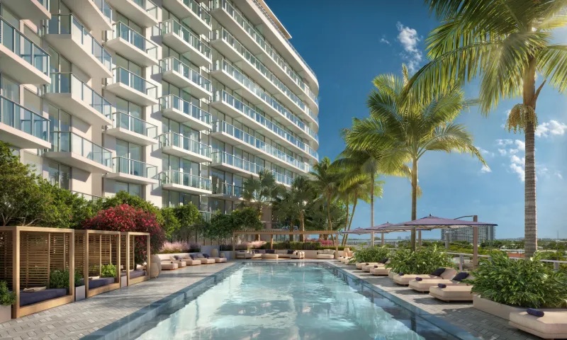 Render de la terraza de piscina del 7200 Club en el tercer piso de 7200 Collins, con camastros y cabanas