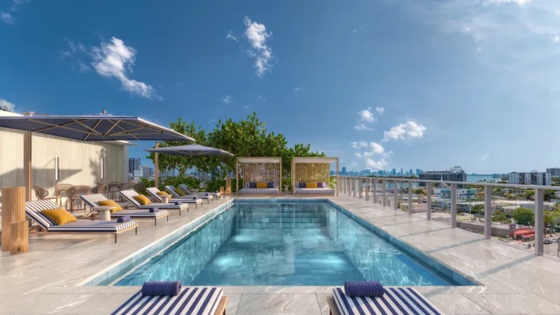 Render del Sunset Deck en el octavo piso de 7200 Collins, con una segunda piscina y solárium