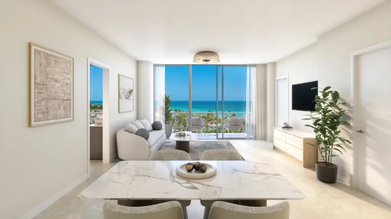 Render de la sala de una residencia amueblada de 7200 Collins, con interiores de Adriana Hoyos Design Studio