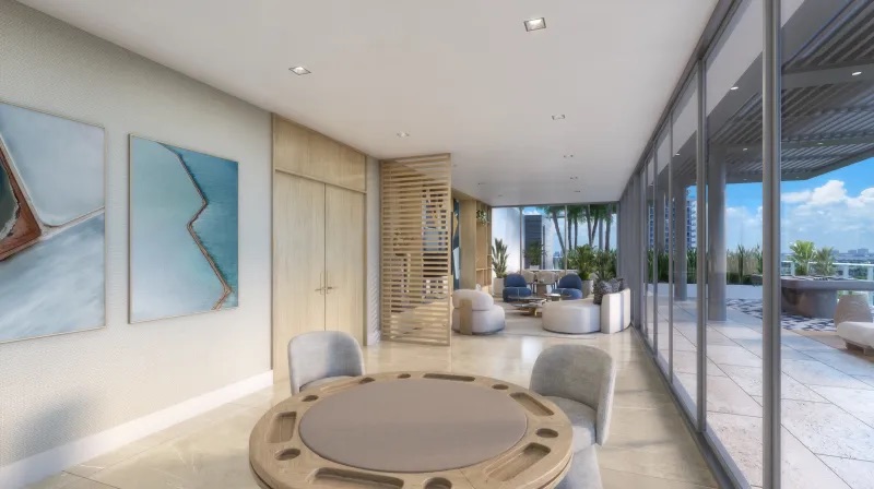 Render de la sala de la Vista Terrace en la azotea de 7200 Collins, con asientos de sala de juegos y vistas al horizonte