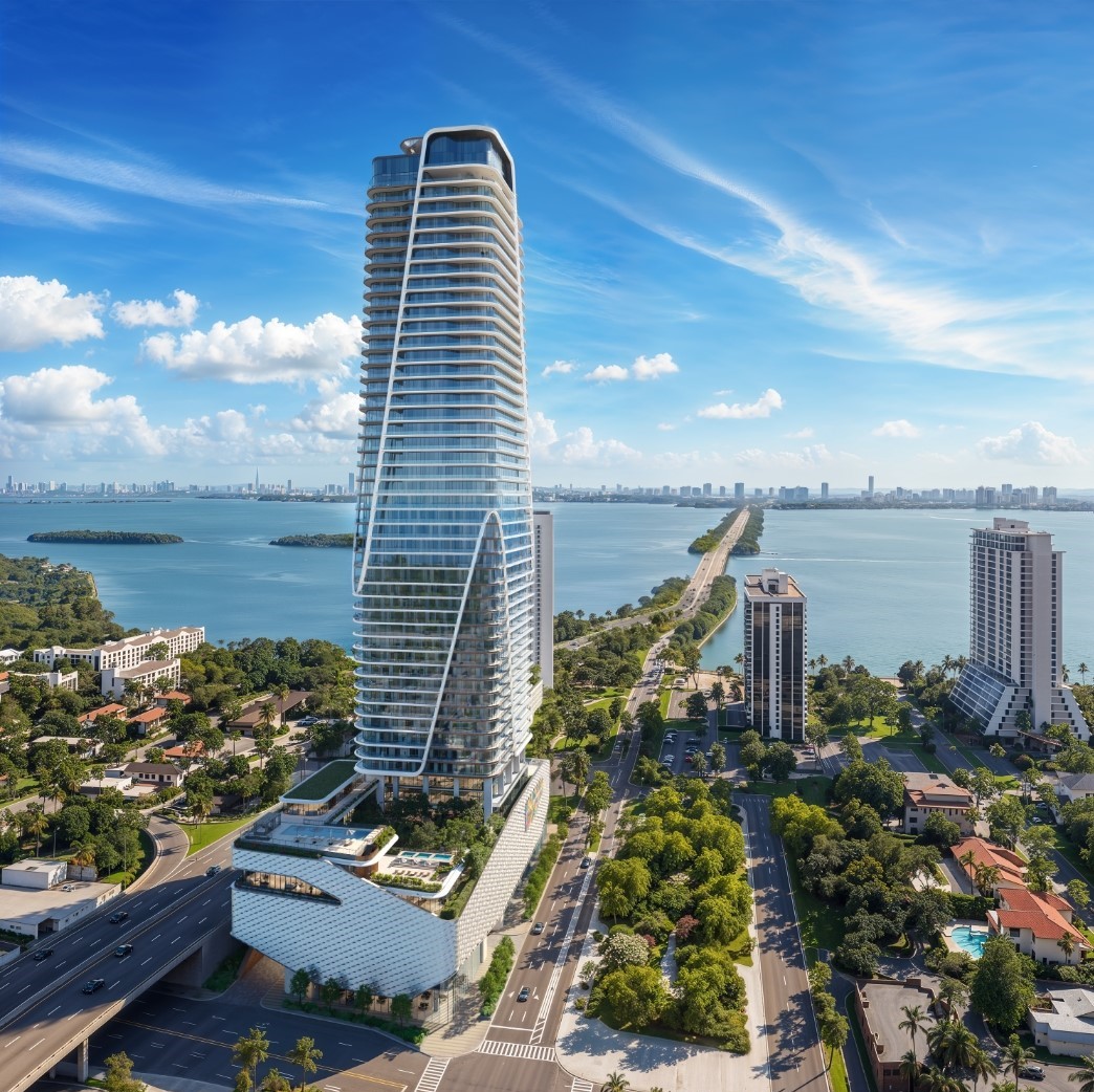 Render oficial de Anantara Residences Miami, torre de 50 pisos diseñada por KPF en 3601 Biscayne Boulevard sobre Biscayne Bay en Edgewater