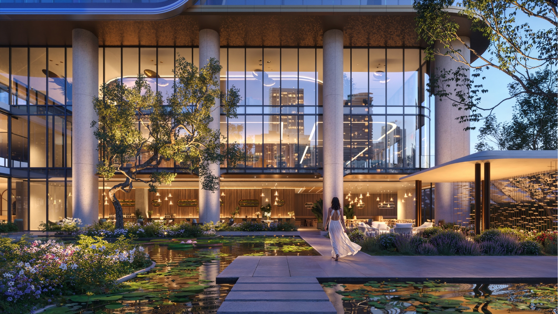 Render de los jardines de llegada de Anantara Residences Miami con estanques de nenúfares y lobby de doble altura