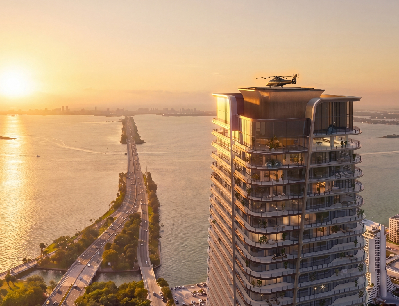 Render del helipuerto en la azotea de Anantara Residences Miami al atardecer, sello de One Thousand Group