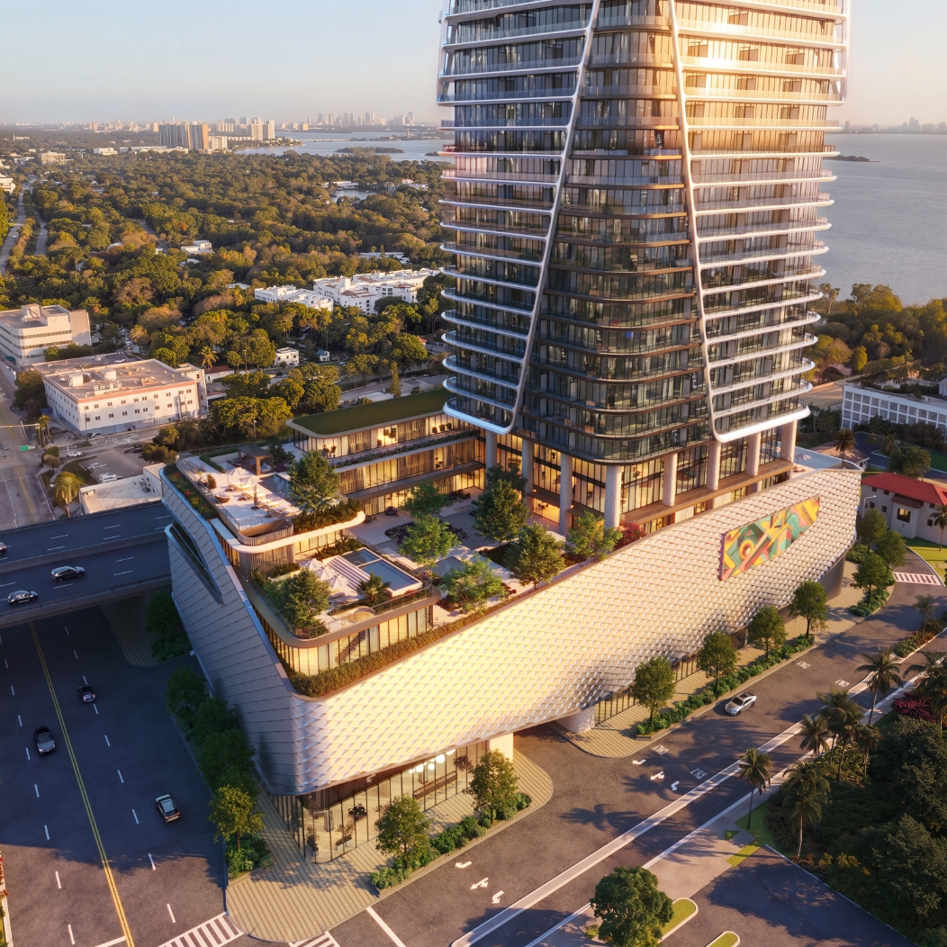 Render aéreo del podio de Anantara Residences Miami mostrando las terrazas de amenidades sobre Biscayne Boulevard