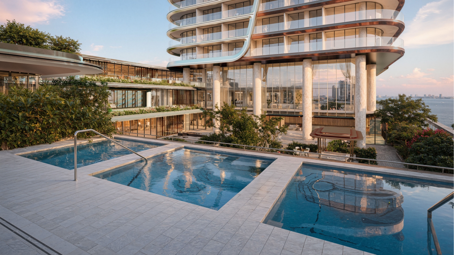 Render de la terraza de piscinas de Anantara Residences Miami con vistas a la bahía