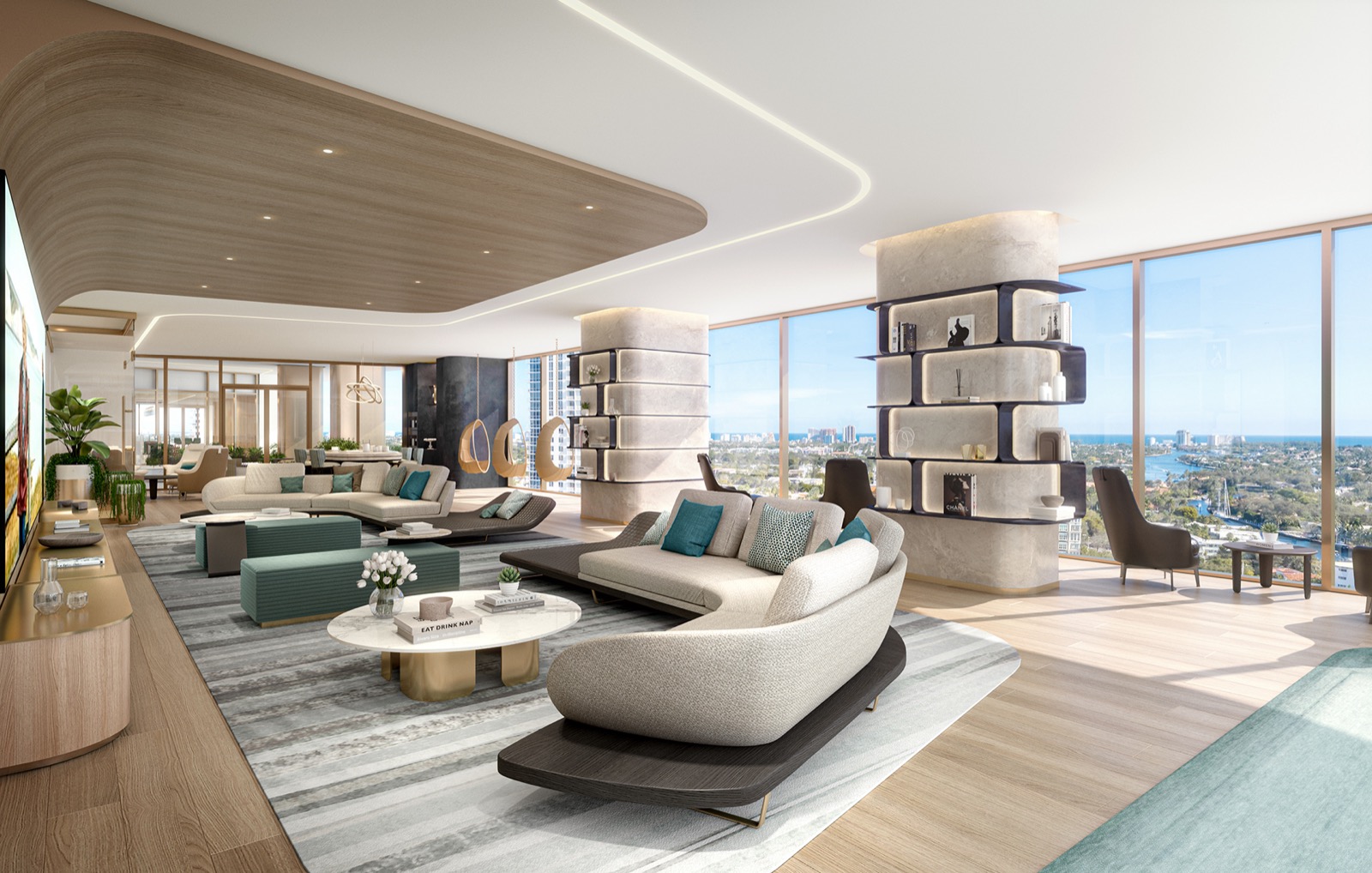 Render del club lounge de Andare Residences con barra y vistas al océano, Fort Lauderdale