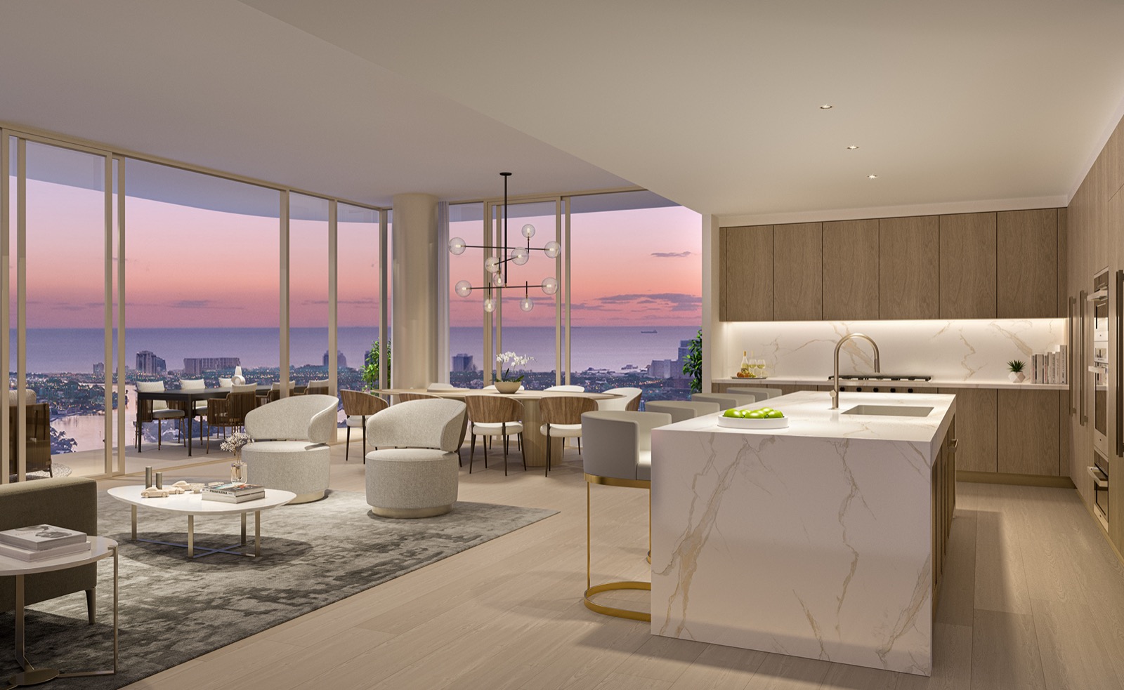 Render de cocina de Andare Residences con gabinetes italianos diseñados por Pininfarina y electrodomésticos Sub-Zero y Wolf