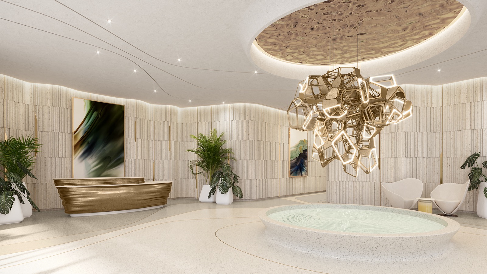 Render del lobby de Andare Residences, entrada del condominio en Fort Lauderdale diseñada por Pininfarina