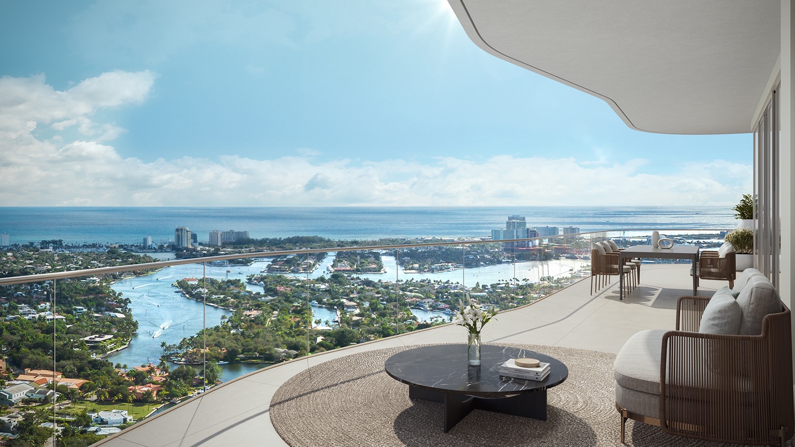 Render de balcón de Andare Residences con ventanales de piso a techo y vistas al océano Atlántico, Fort Lauderdale