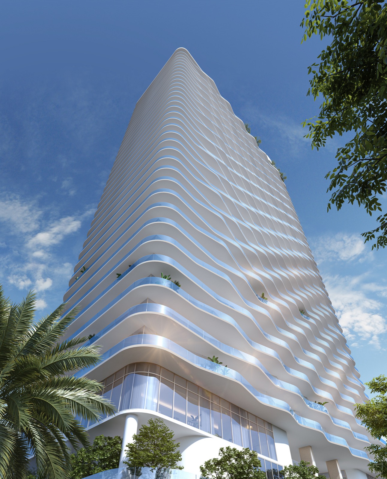 Render de la torre Andare Residences by Pininfarina vista desde la calle, condominio de 46 pisos en Las Olas Boulevard, Fort Lauderdale
