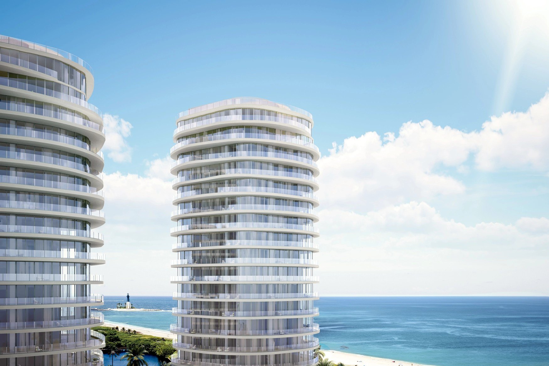 Armani/Casa Residences Pompano Beach official rendering, two 19-story oceanfront towers at 1550 North Ocean Boulevard