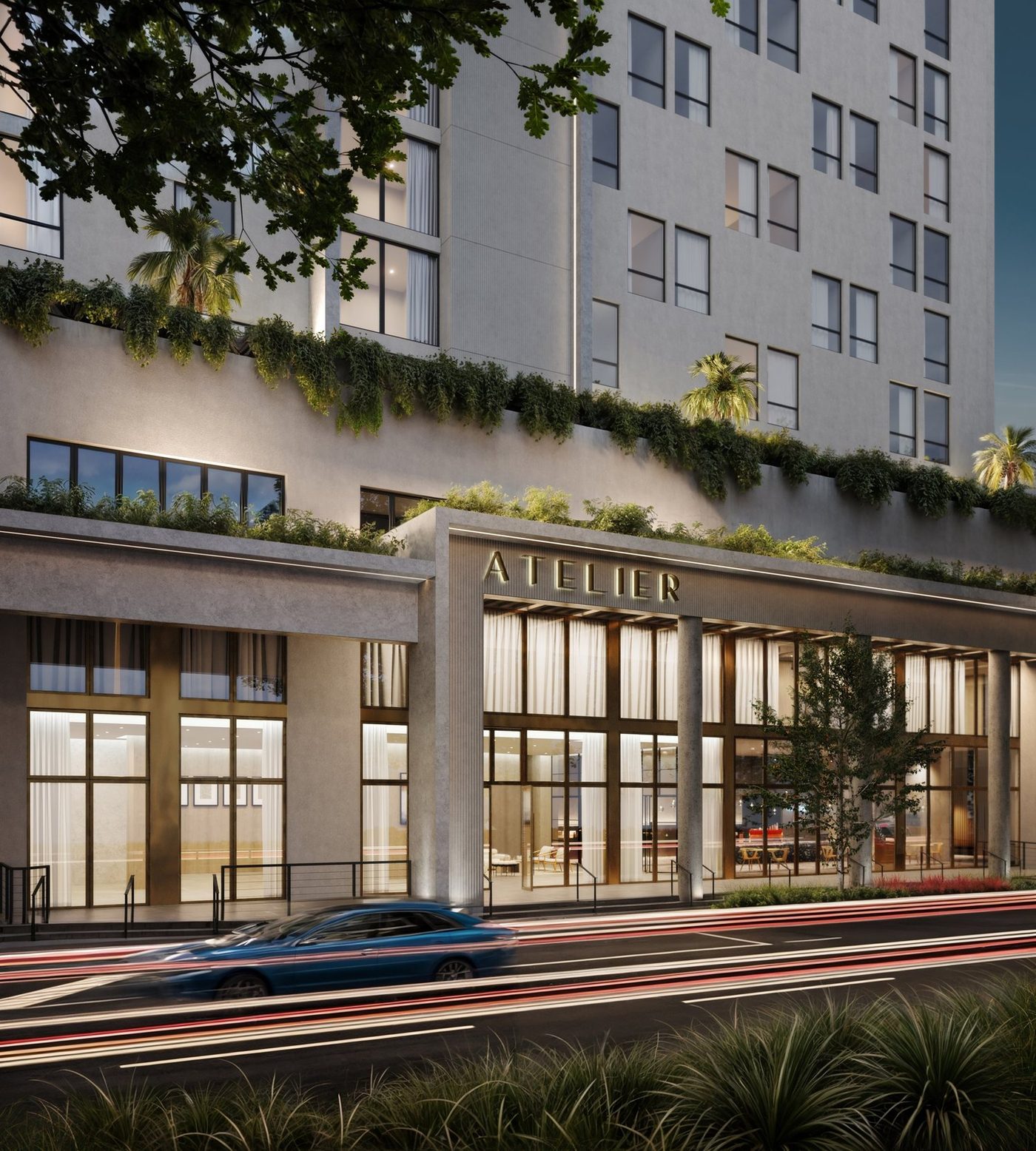 Atelier Residences Miami de noche sobre Coral Way, render exterior
