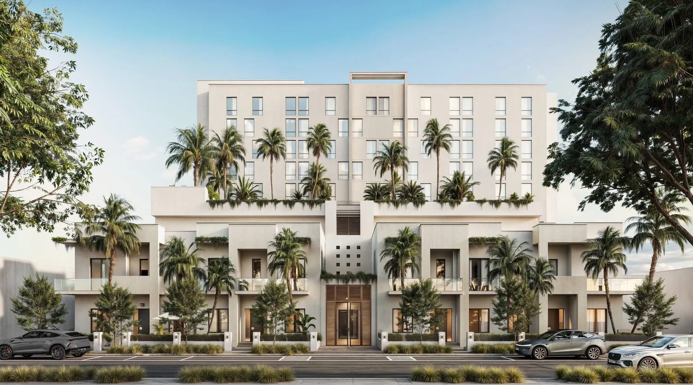 Atelier Residences Miami, fachada a la calle con las cuatro villas en la base y las residencias encima, sobre Coral Way en The Roads, render