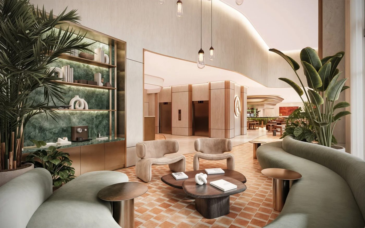 Lobby de doble altura con zona de estar en Atelier Residences Miami, render