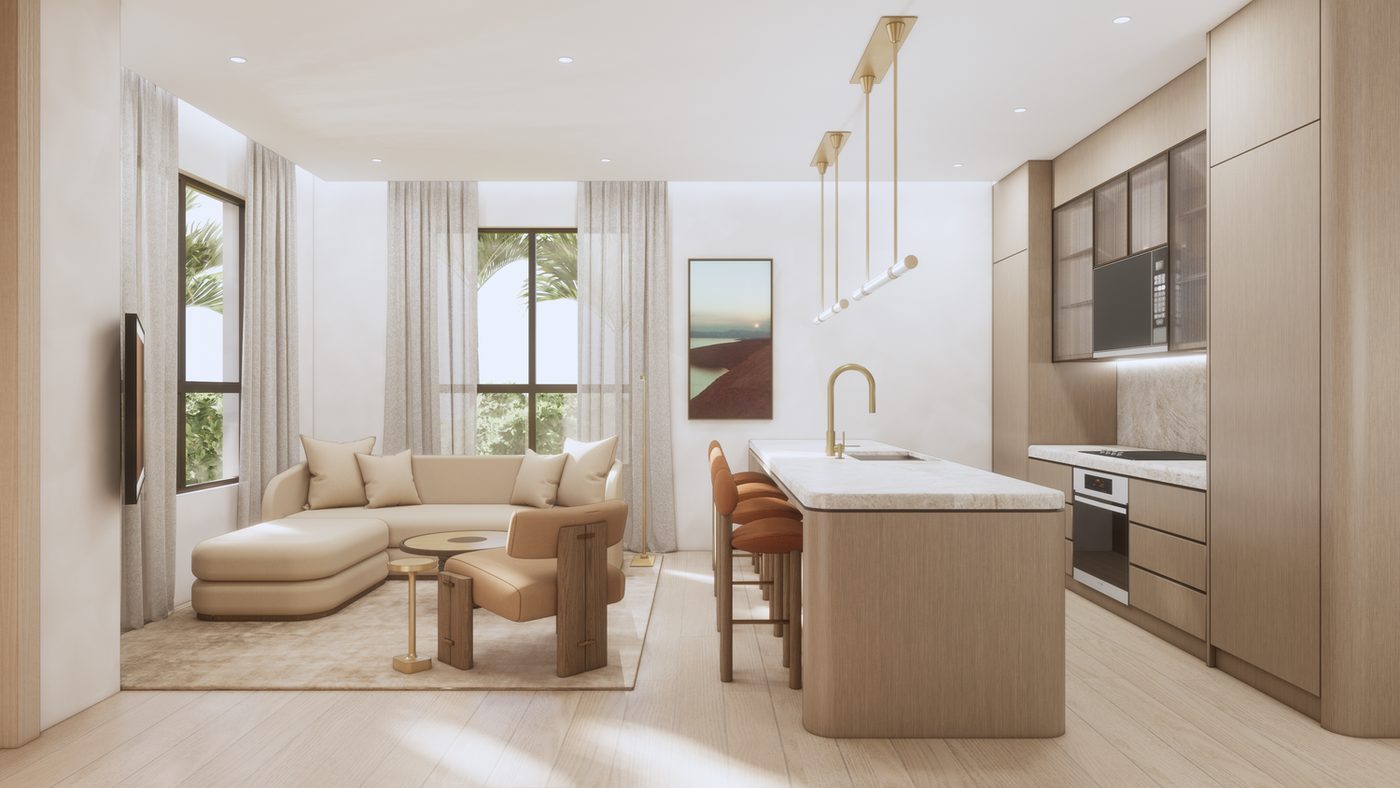 Sala y cocina de una villa en Atelier Residences Miami, render