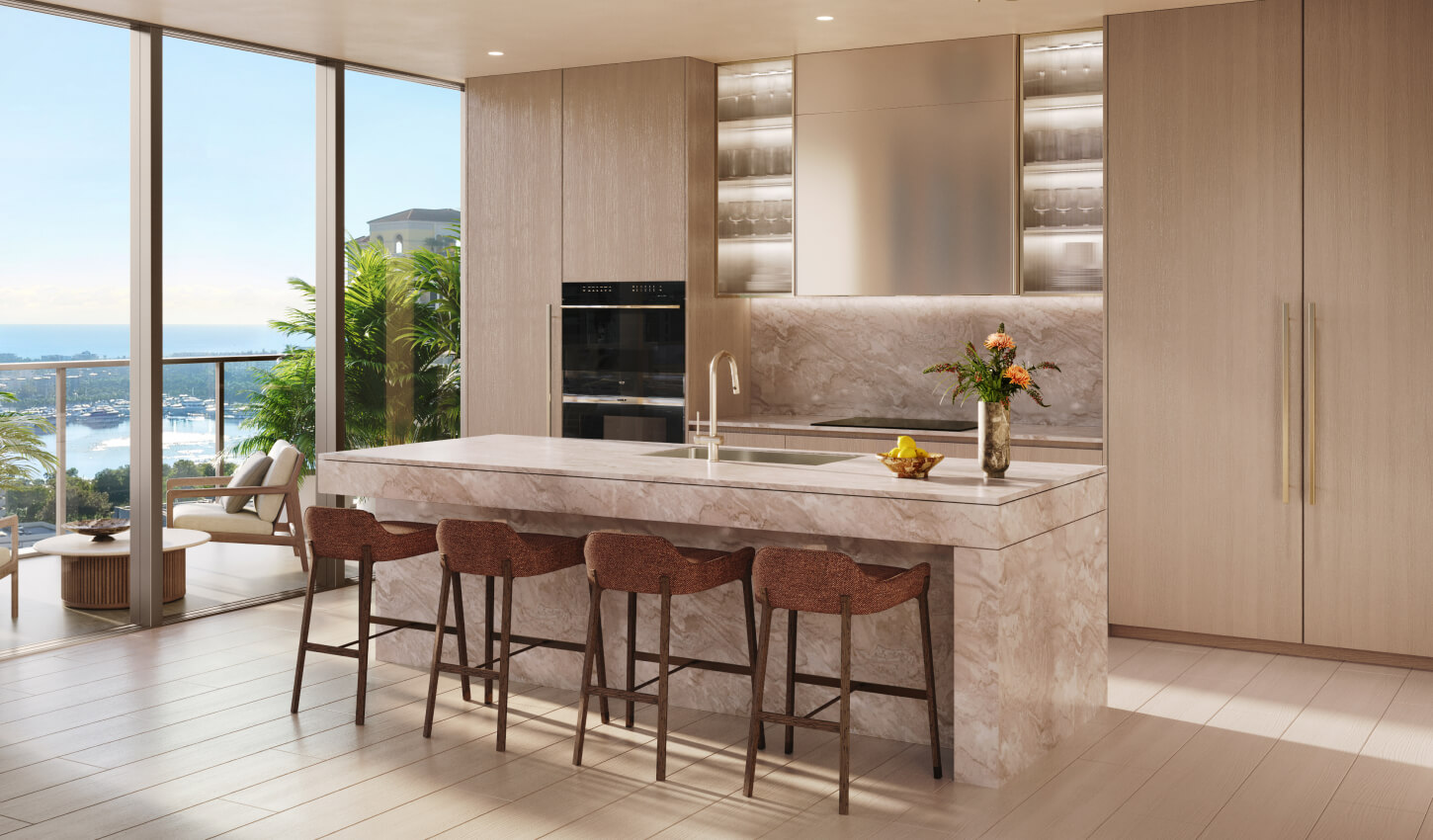 Render de la piscina insignia y terraza de cabanas de Banyan Tree Residences West Palm Beach