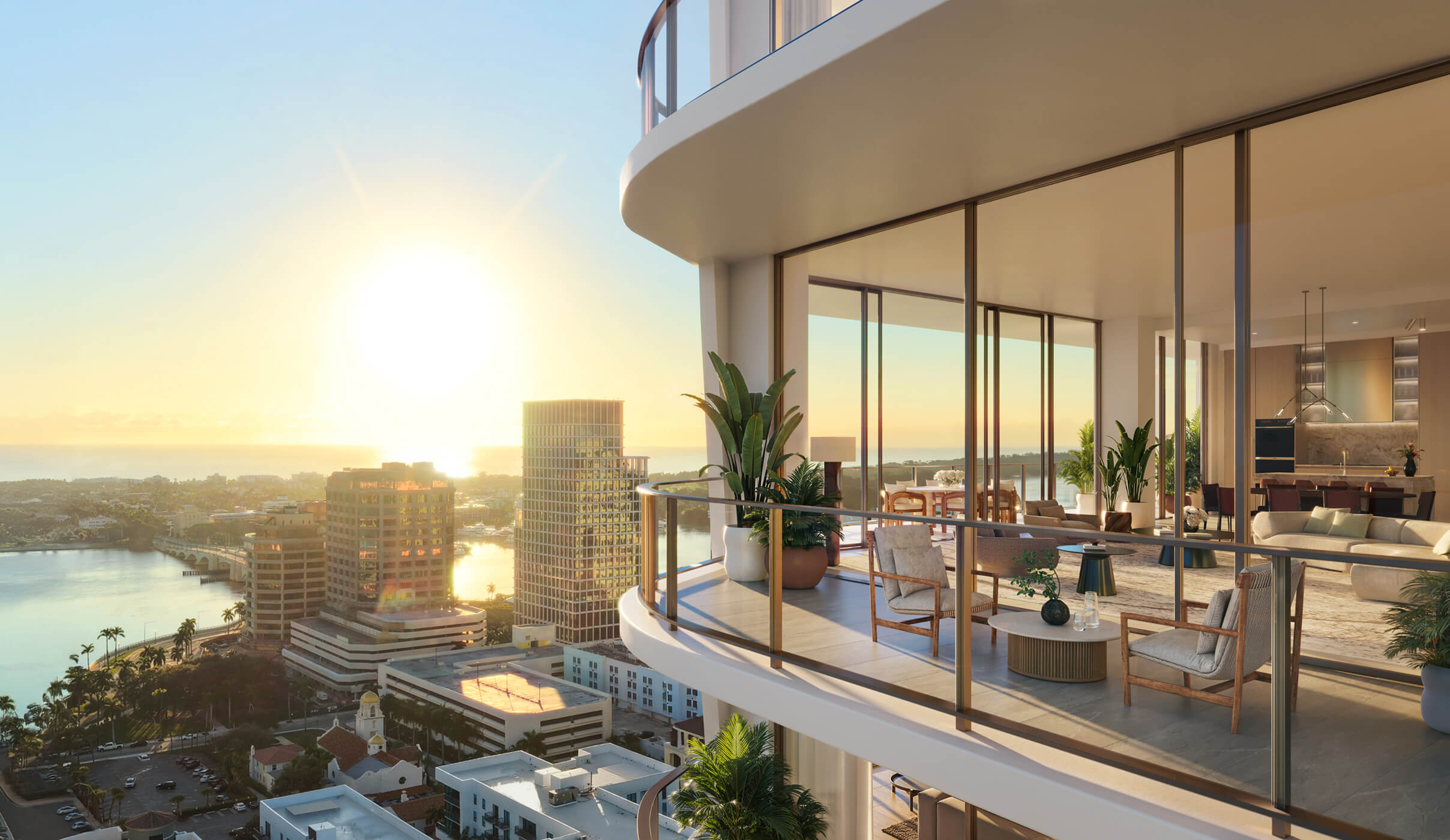 Render oficial de Banyan Tree Residences West Palm Beach, torre de doble volumen de 26 pisos diseñada por OMA en 400 Hibiscus Street