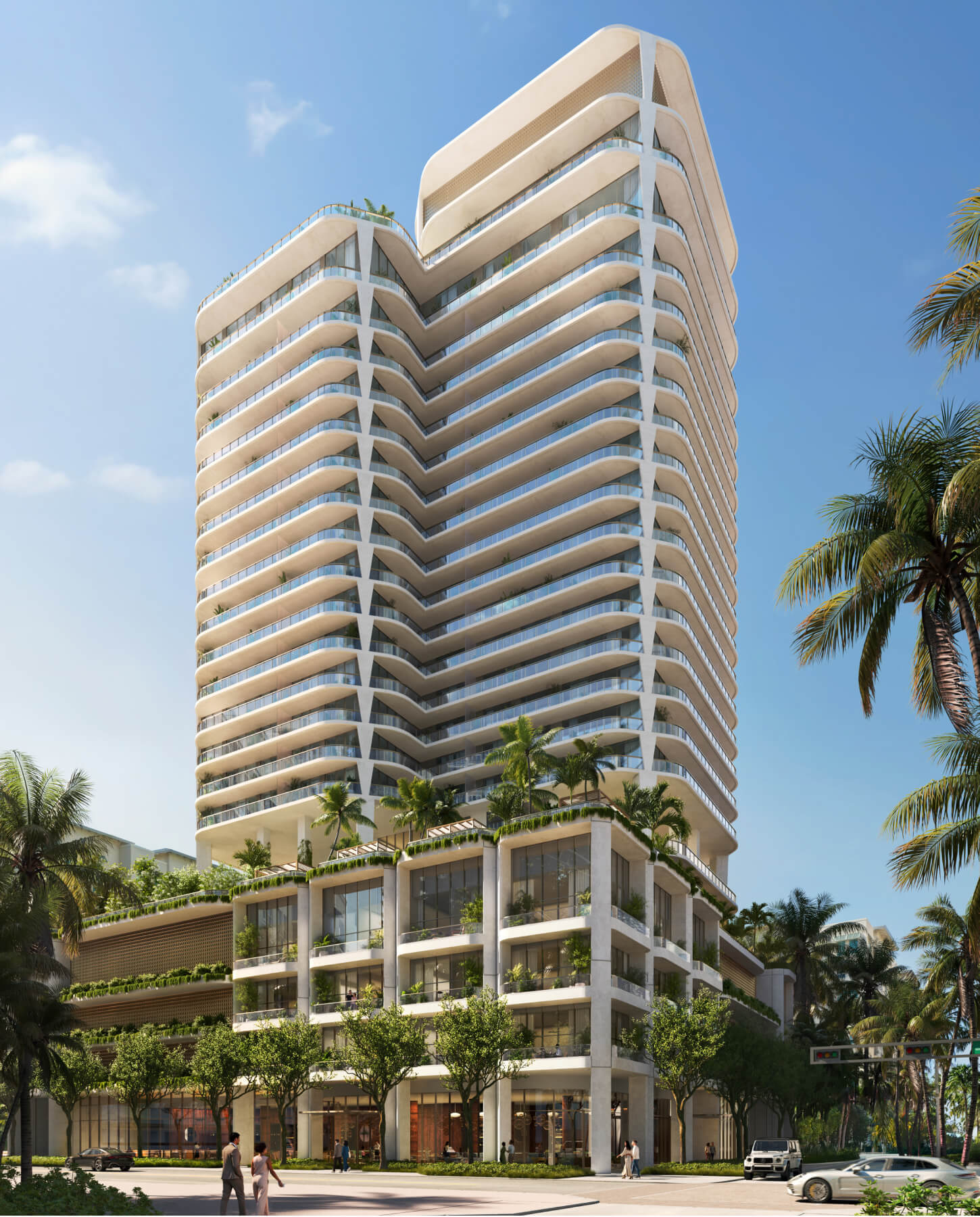 Render de residencia de esquina de Banyan Tree Residences West Palm Beach con terraza envolvente y vidrio de piso a techo