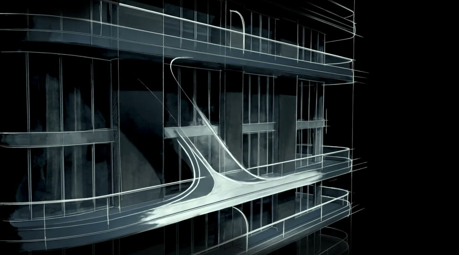 Estudio de diseño de Bugatti Residences Miami que muestra la curva C-line que envuelve las terrazas de la torre
