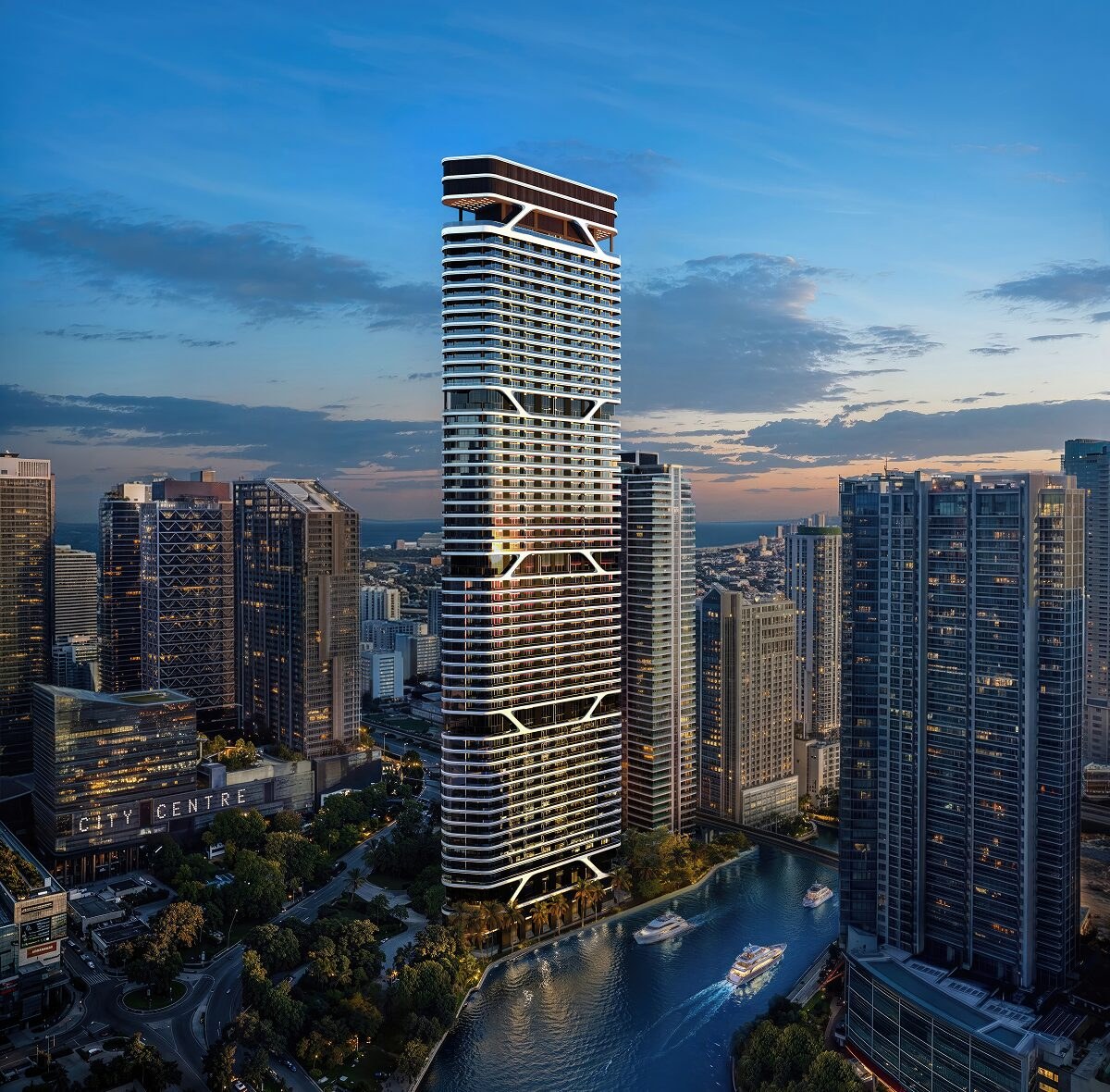 Render oficial de Bugatti Residences Miami, torre de marca de 60 pisos en 75 SW Miami Avenue Road sobre el río Miami en Brickell al atardecer