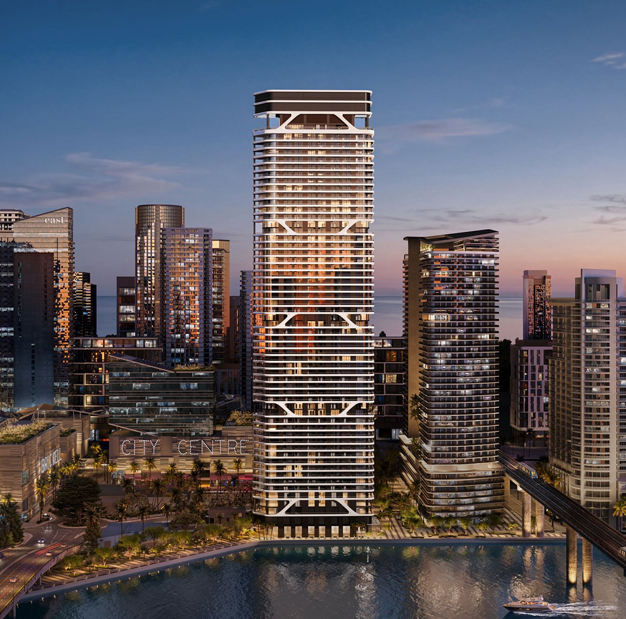 Render de Bugatti Residences Miami visto desde el río Miami, con Brickell City Centre a la izquierda