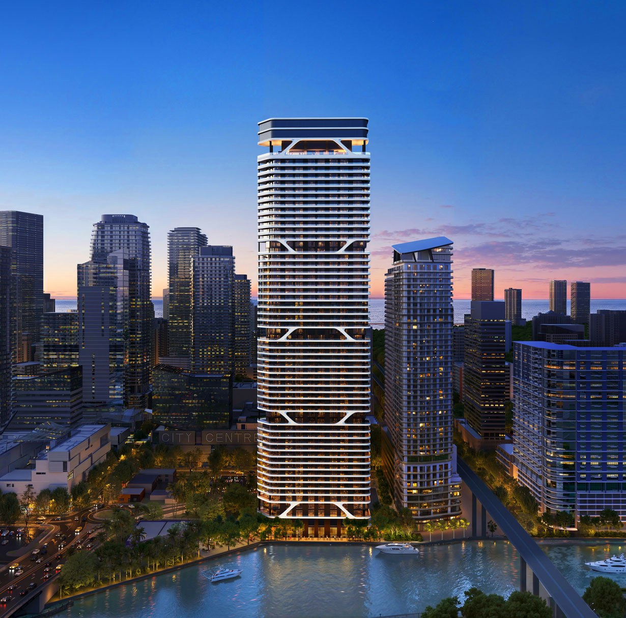 Render de la torre Bugatti Residences Miami al atardecer sobre el perfil urbano de Brickell