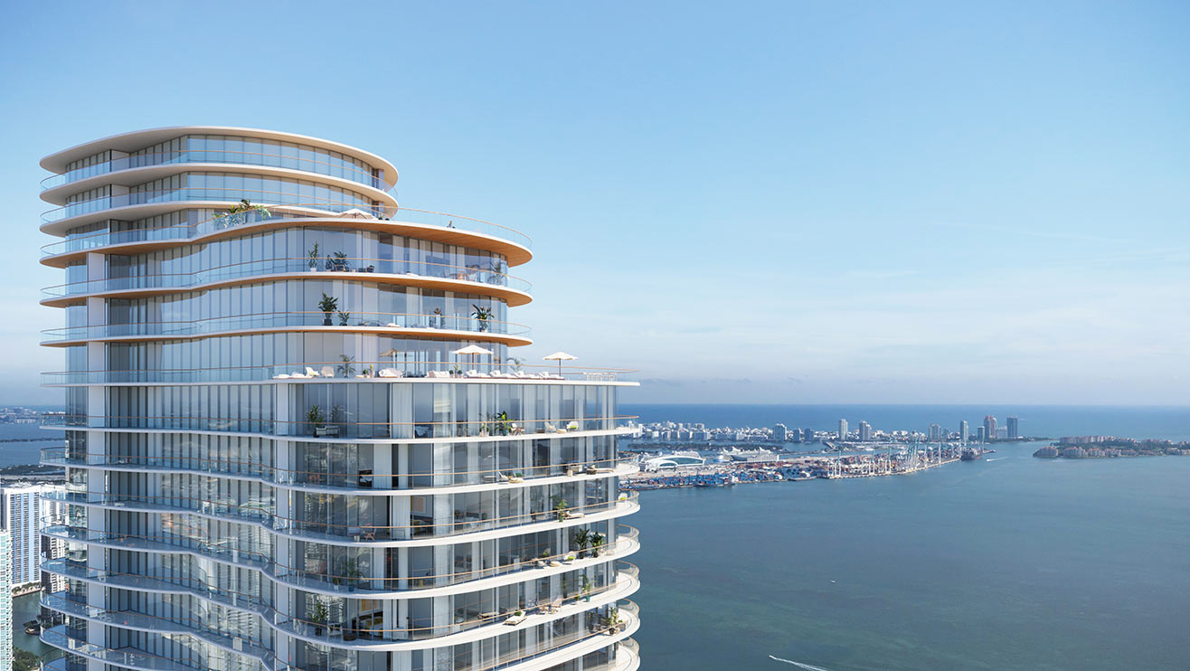 Cipriani Residences Miami exterior rendering at dusk