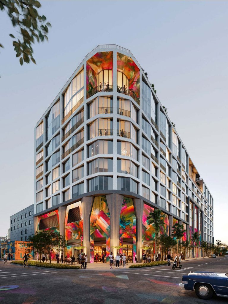 Render da fachada do Cloud One Residences Wynwood com murais da Goldman Global Arts