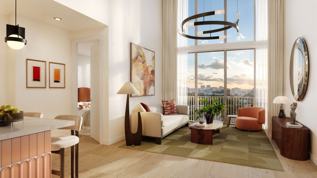 Render da sala tipo loft do Cloud One Residences Wynwood com pé-direito duplo e janelas do piso ao teto