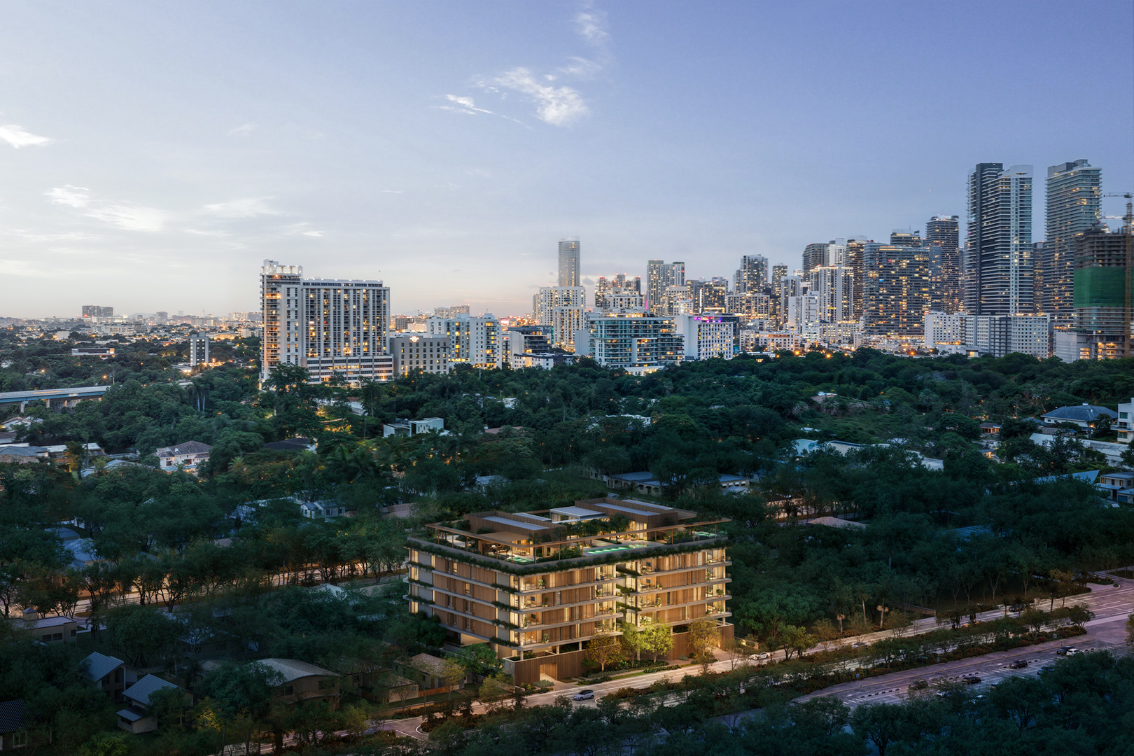 Render aéreo de Colette Residences rodeado de vegetación tropical en South Brickell Miami