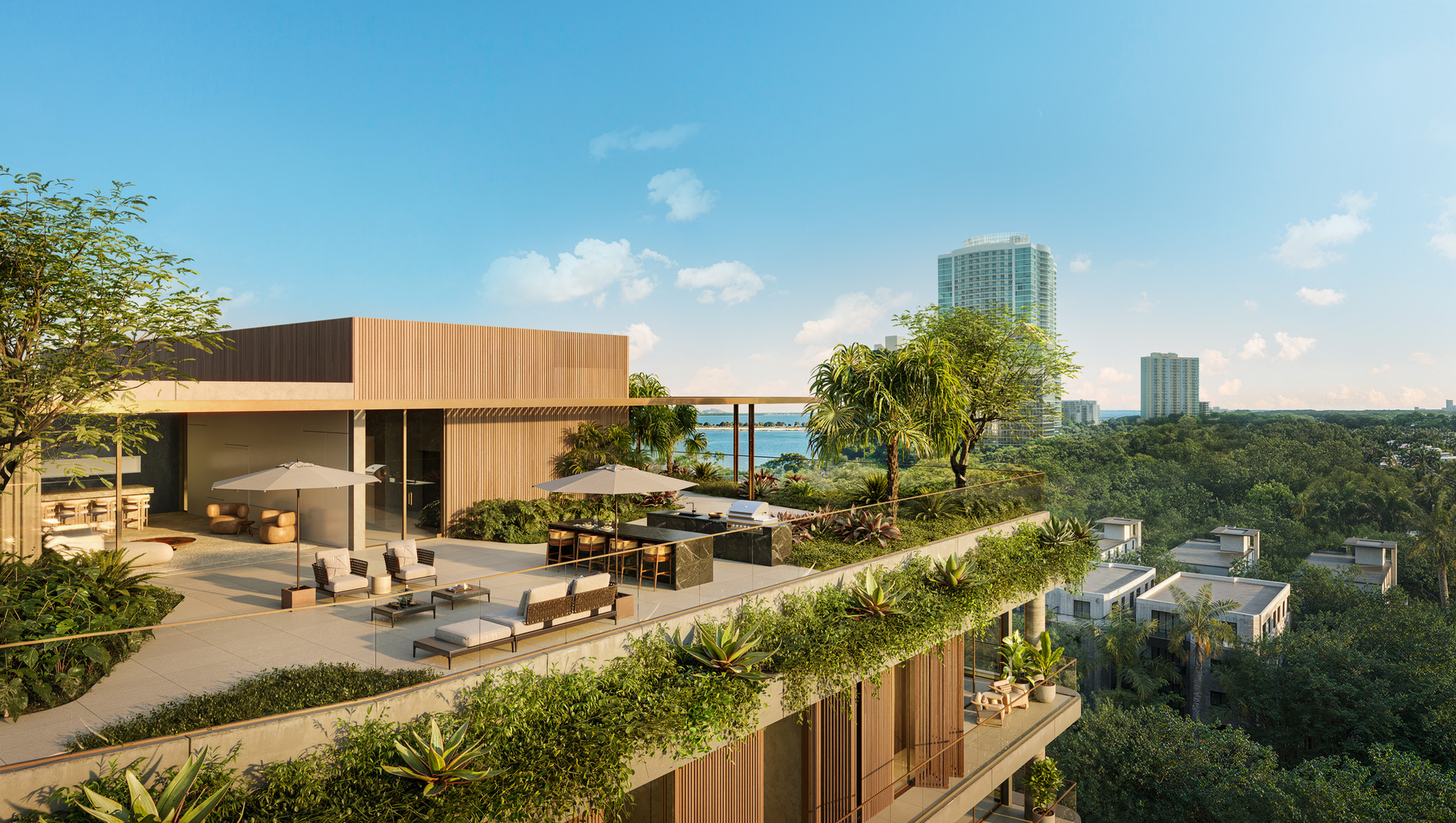 Render del lounge exterior y la terraza de la piscina de Colette Residences con cabañas
