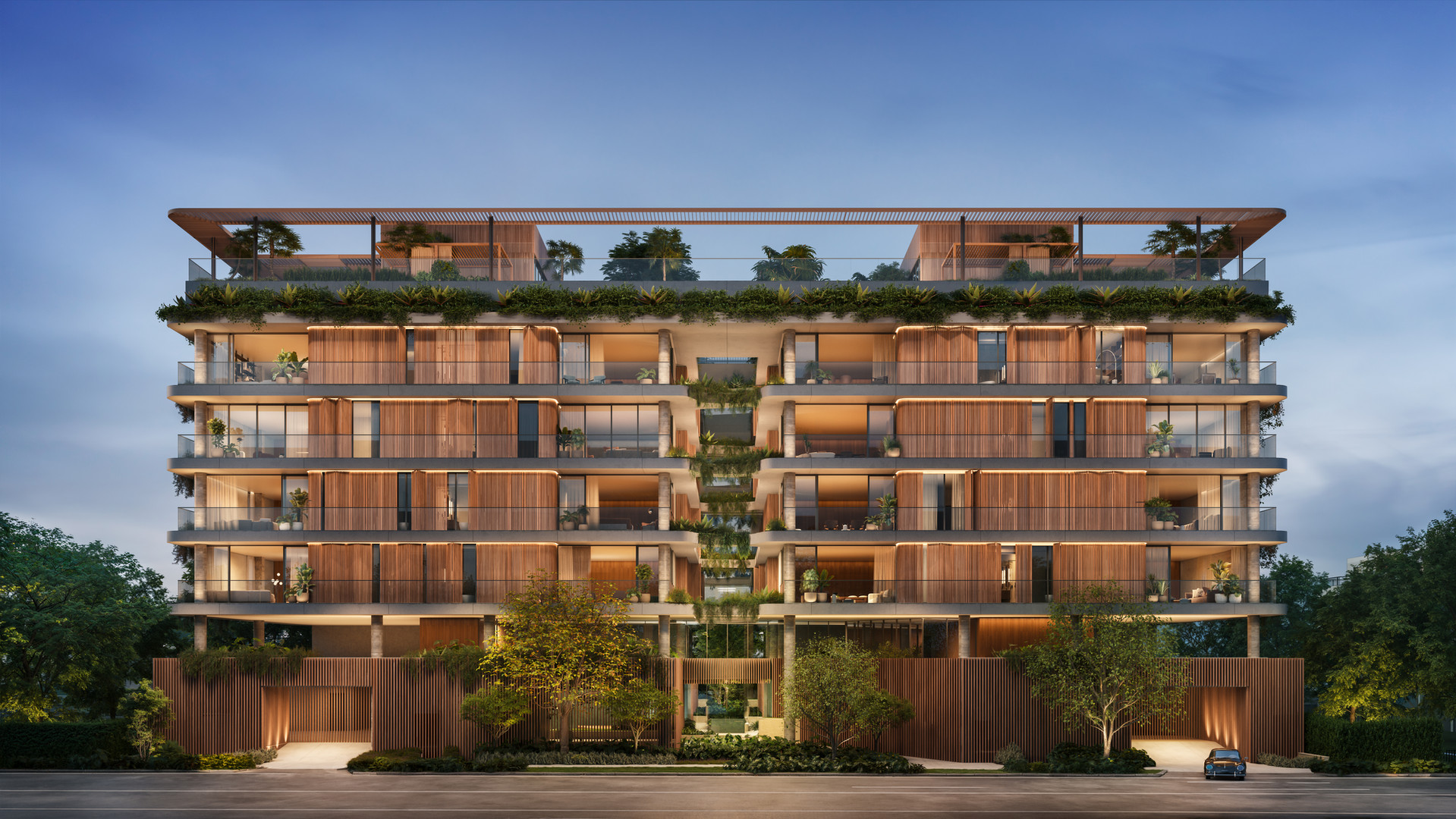 Render oficial nocturno de Colette Residences, condo boutique de cinco pisos en 1880 Brickell Avenue en South Brickell Miami