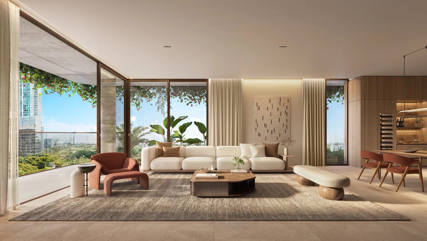 Render interior de la gran sala de Colette Residences con vidrio de piso a techo y terraza