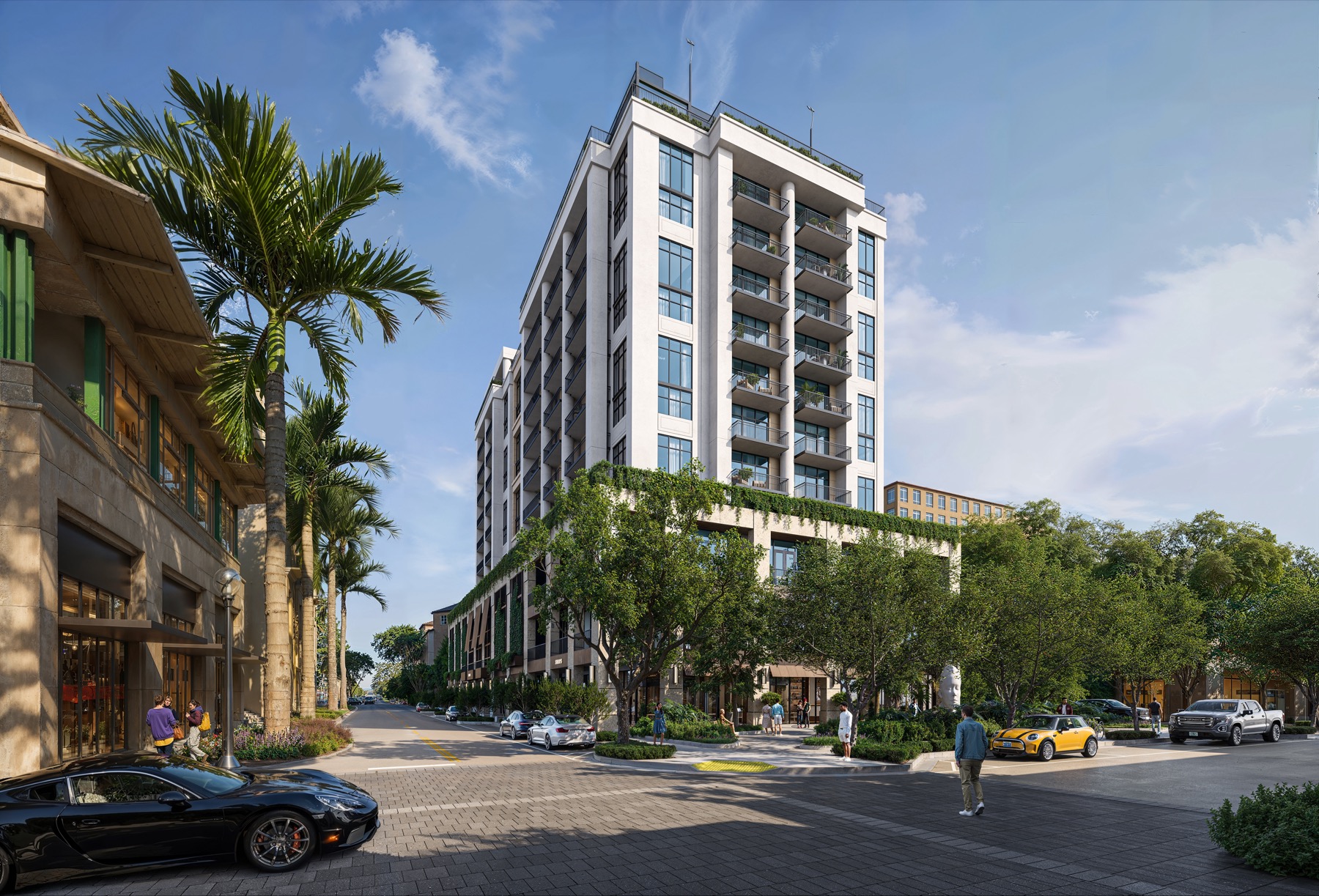 Cora Merrick Park building exterior rendering, 12-story Mediterranean-inspired wellness condo at 4241 Aurora Street Coral Gables
