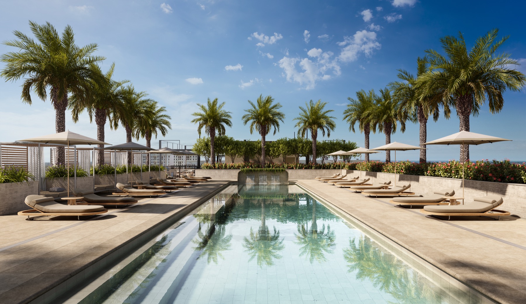 Cora Merrick Park rooftop pool deck rendering with wellness terrace in Coral Gables