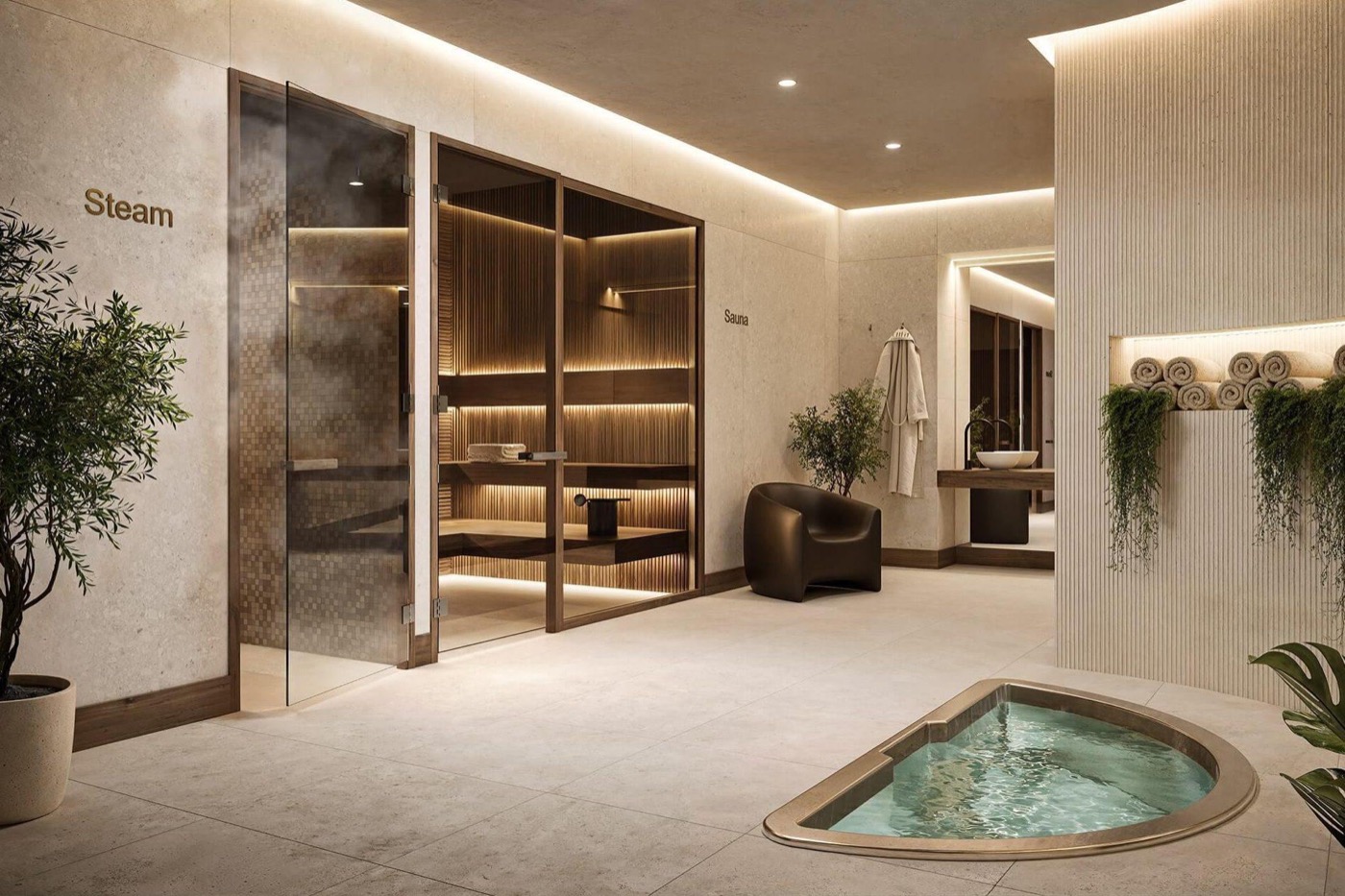 Cora Merrick Park infrared sauna and spa rendering, wellness amenity in Coral Gables condo
