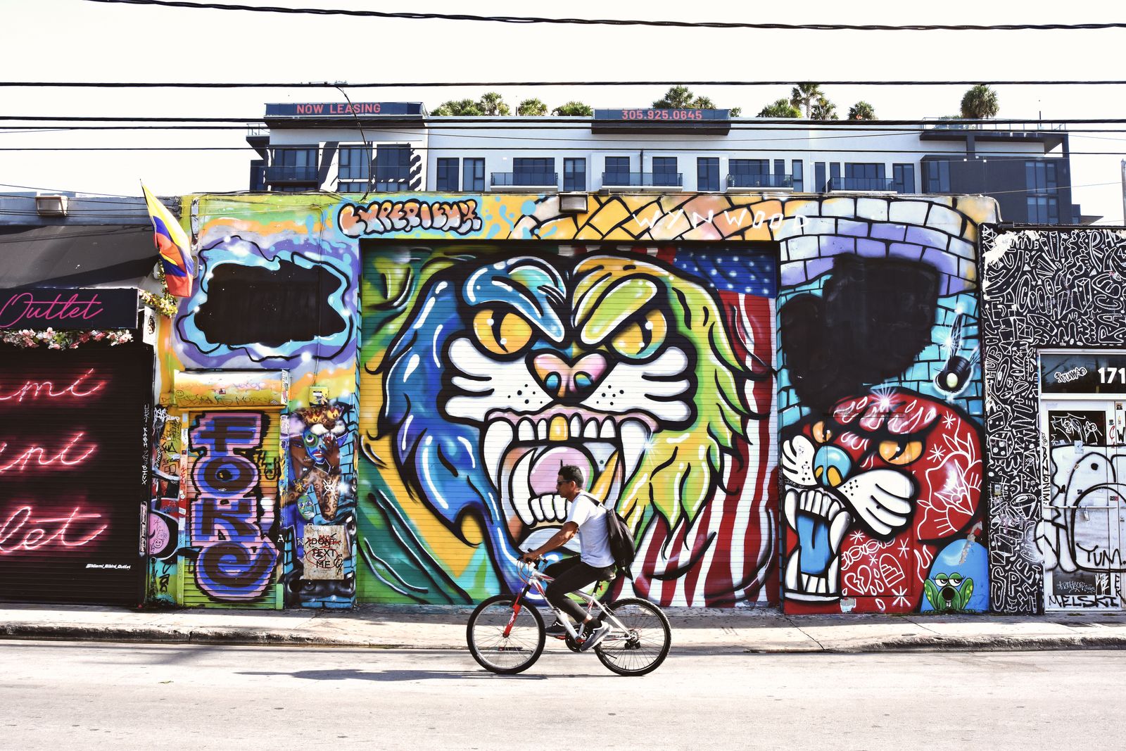 Ciclista pasando junto a una pared pintada en una calle de Wynwood Miami